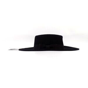 Nine West Western Hat Black Bohemian Wool Felt Wide Brim Grosgrain Trim